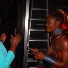 Yaba Badoe giving Dobet Gnahoré a DVD of The Witches of Gambaga, in thanks for selected music tracks used in the film